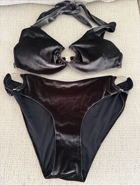 NWT: Velvet High-Leg Bikini Bottom & Top - Dark Gray/Black